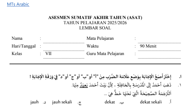 Contoh Soal ASAT Bahasa Arab MTs Kelas 7 Tahun Ajaran 2025-2026 MTS