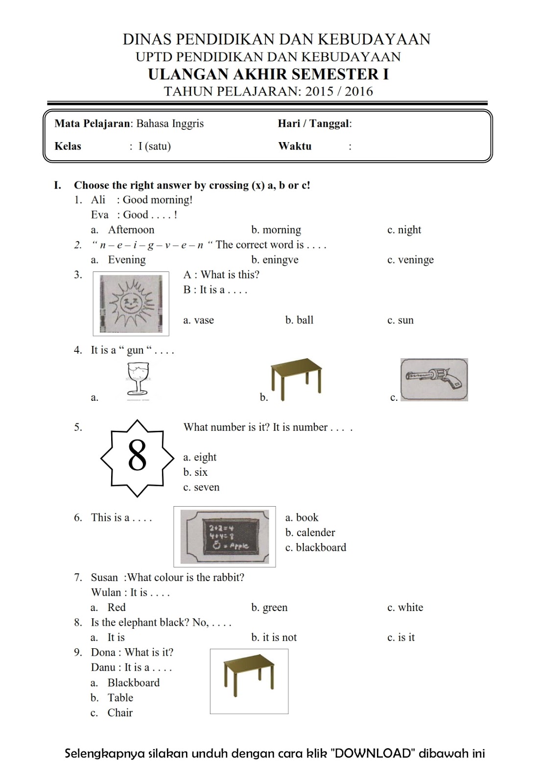Membekali Si Kecil dengan Bahasa Inggris Contoh Soal UTS Kelas 1 SD