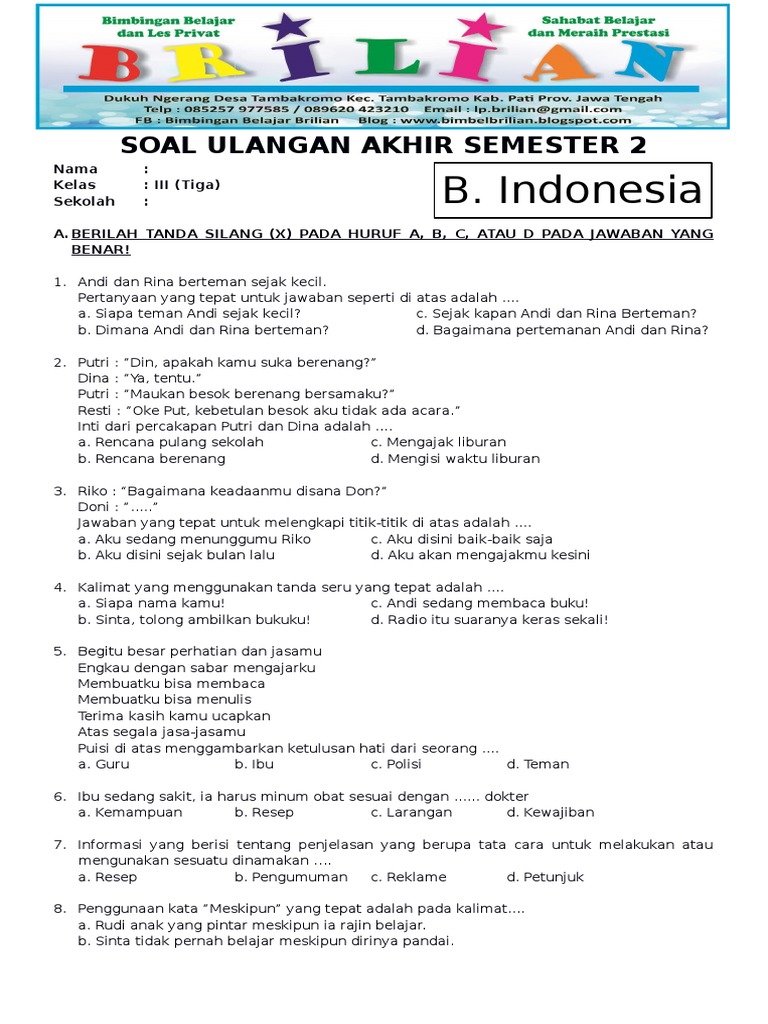 5 Contoh Soal B.Indonesia Kelas 3 Semester 2 KTSP yang Wajib Dikuasai Sebelum Ujian