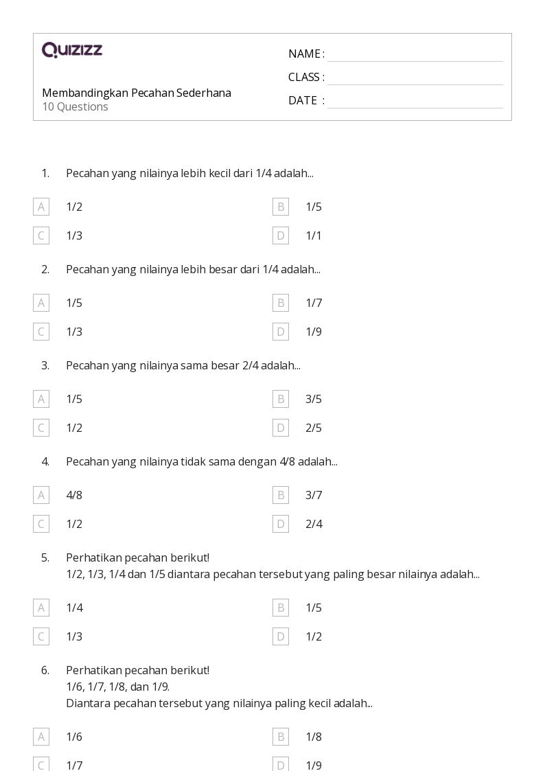 50 lembar kerja Membandingkan Pecahan untuk Kelas 4 di Quizizz