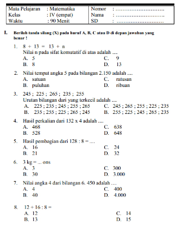 Latihan soal matematika kelas 4 Matematika kelas 4 sd Matematika sma Latihan soal matematika kelas 4 Matematika kelas 4 sd Matematika sma