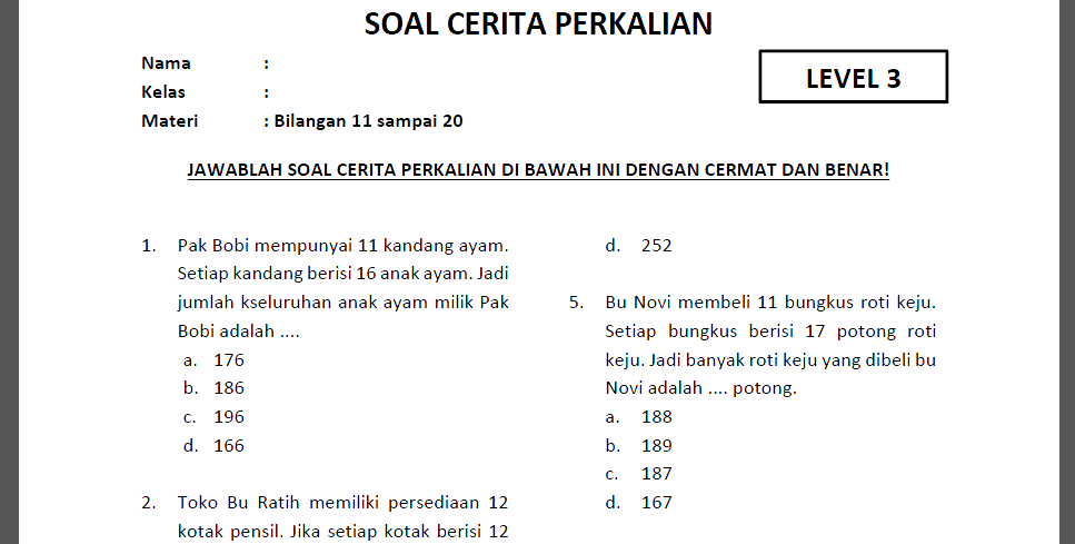 7 Contoh Soal Cerita Perkalian Kelas 3 SD yang Wajib Dikuasai Sebelum Ulangan 7 Contoh Soal Cerita Perkalian Kelas 3 SD yang Wajib Dikuasai Sebelum Ulangan
