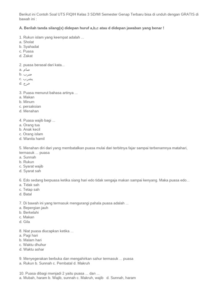 Contoh Soal UTS Fiqih Kelas 3 SD MI PDF