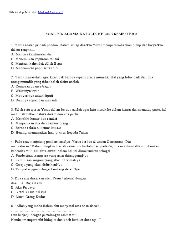 Soal PTS Agama Katolik Kelas 7 Semester 2 PDF