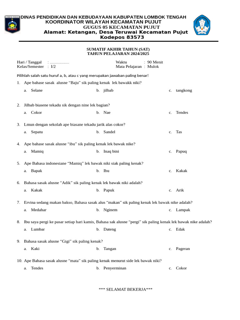 Soal Mulok Kelas 1 Sem 2 PDF Soal Mulok Kelas 1 Sem 2 PDF