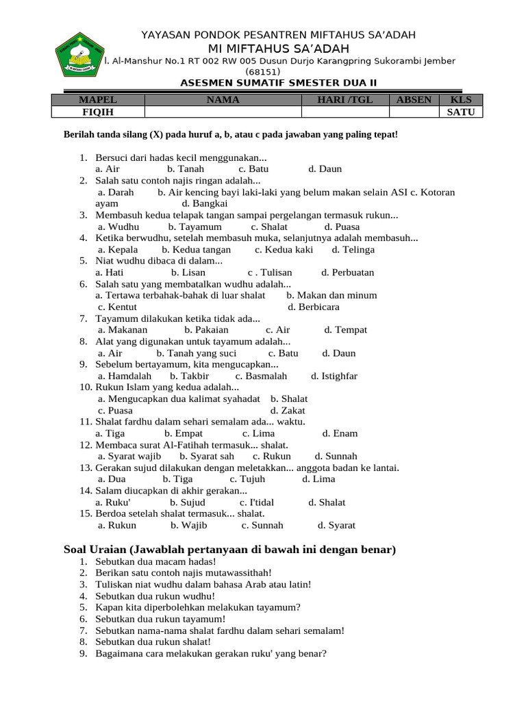 Soal Fiqih Kelas 1 PDF Soal Fiqih Kelas 1 PDF
