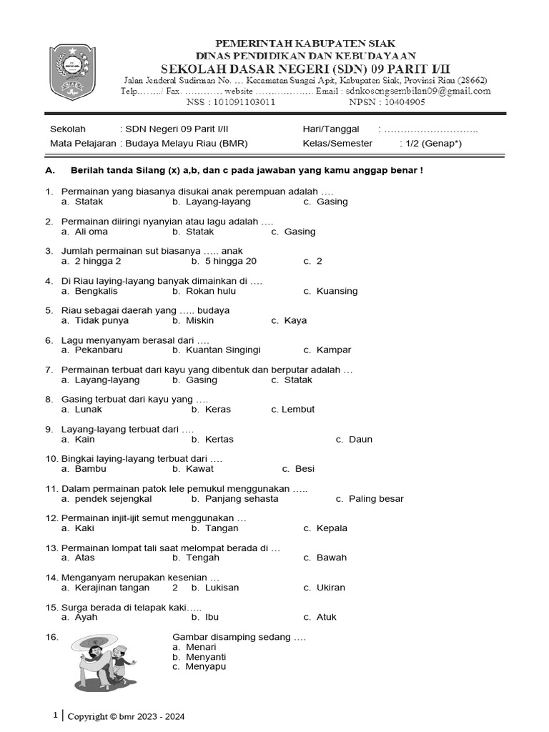 Soal UAS Budaya Melayu Riau Kelas 1-2 PDF