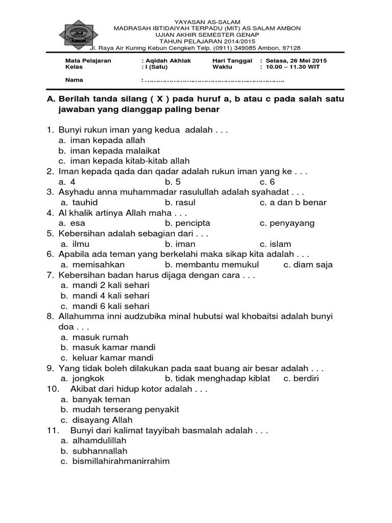 Contoh Soal UAS Aqidah Kelas 1 Semester 1 Terbaru 2026, Wajib Tahu Sebelum Terlambat