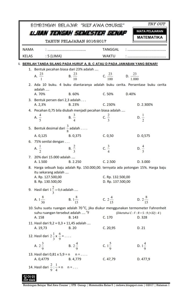 Download 7 Lembar Kerja Bank Soal Matematika Kelas 5 Semester 1 Kurikulum 2013 Siap Cetak