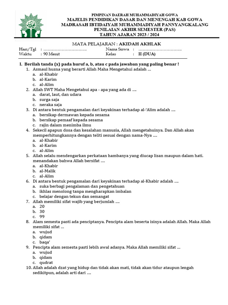 Kumpulan Contoh Soal UAS Aqidah Akhlak Kelas 2 MI Semester 1 Terbaru 2026 Beserta Kunci Jawaban yang Wajib Diketahui