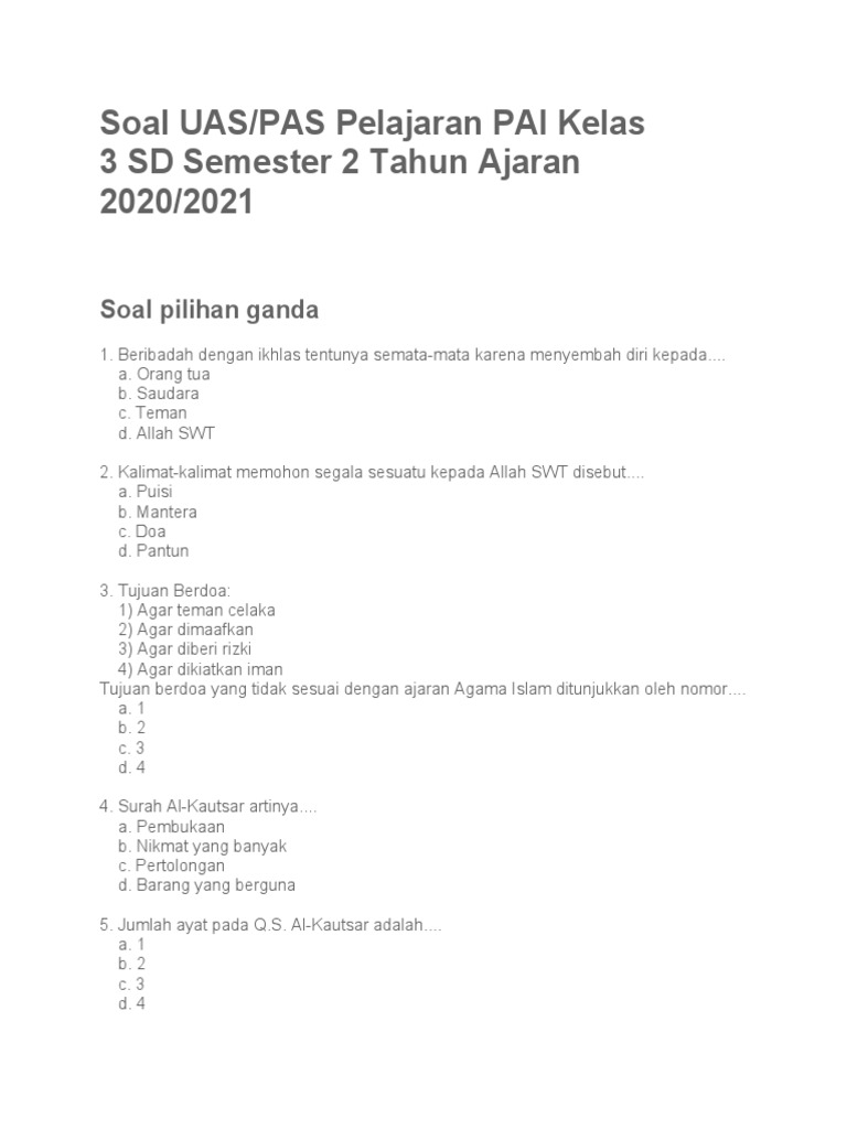 Segera Download Soal UAS PAI Kelas 3 SD Semester 2 KTSP Agar Nilai Anak Maksimal