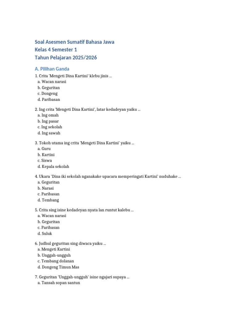 Soal STS Bahasa Jawa Kelas 4 Semester 1 PDF