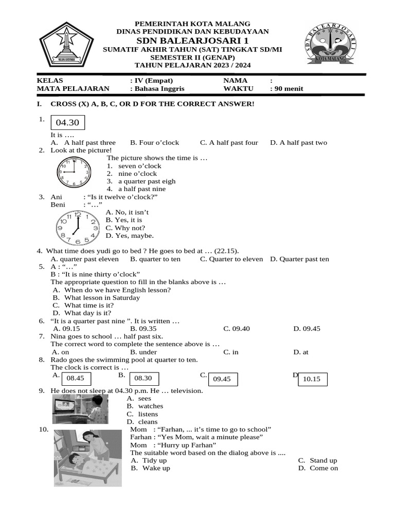 Soal Sat B inggris Kelas 4 2023-2024 PDF
