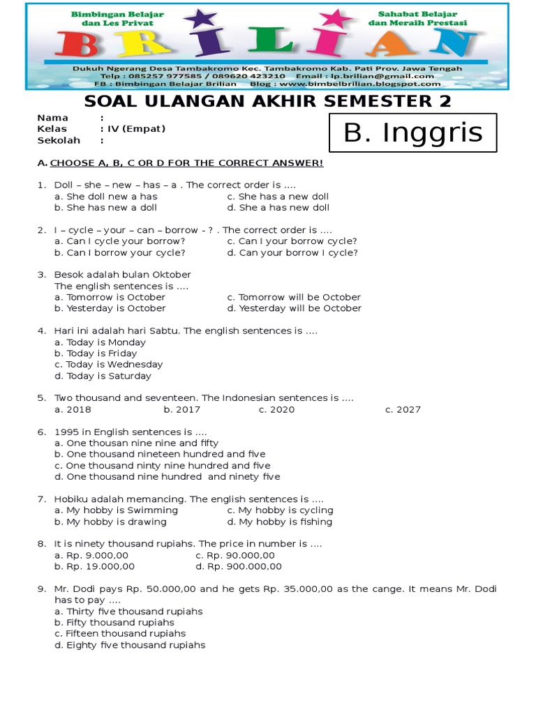 Ternyata Ini Dia Contoh Soal B.Inggris Kelas 4 Semester 2 yang Sering Muncul, Wajib Tahu Sebelum Ulangan!