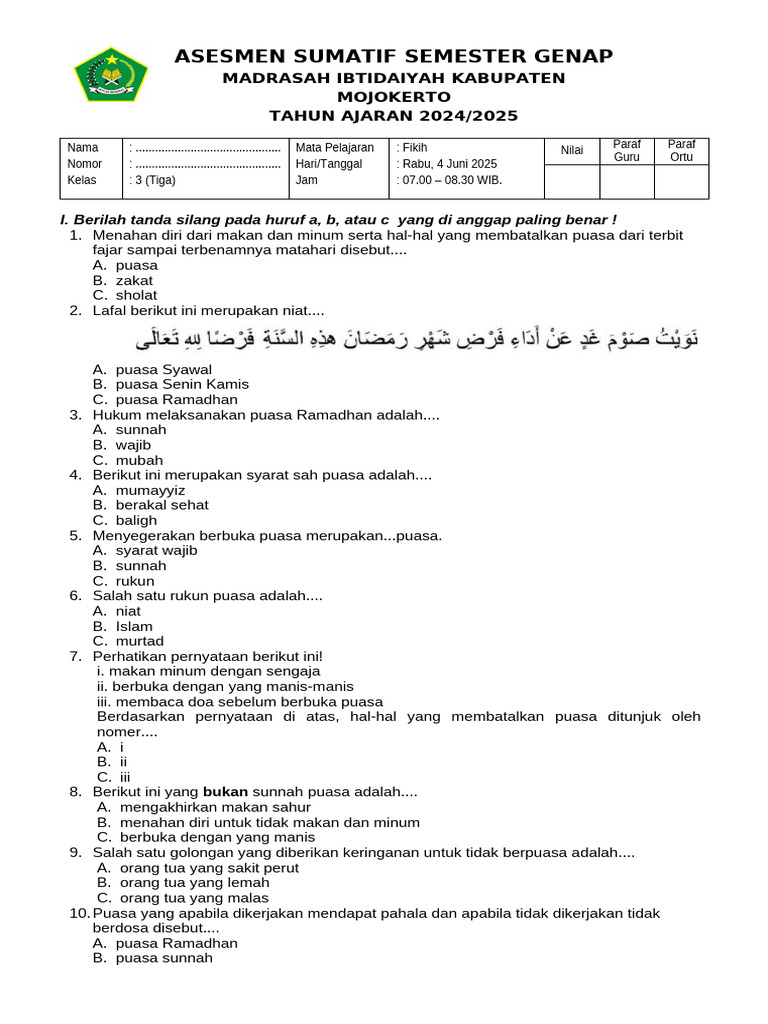 Soal Fikih Kelas 3 - Smt Genap PDF