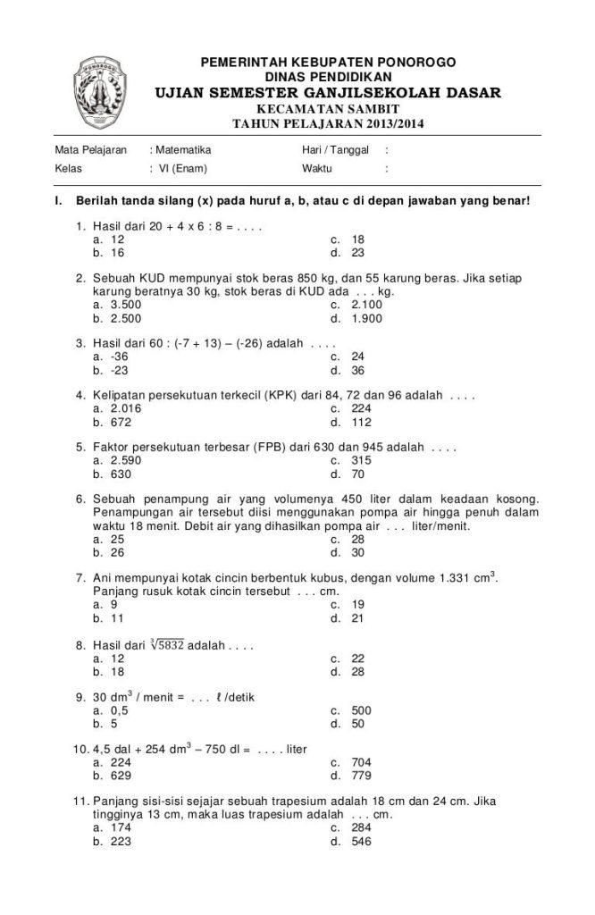 Ternyata Ini Rahasia Lolos Ujian dengan Soal Matematika Kelas 4 Semester 1 Kurikulum 2013 PDF Ternyata Ini Rahasia Lolos Ujian dengan Soal Matematika Kelas 4 Semester 1 Kurikulum 2013 PDF