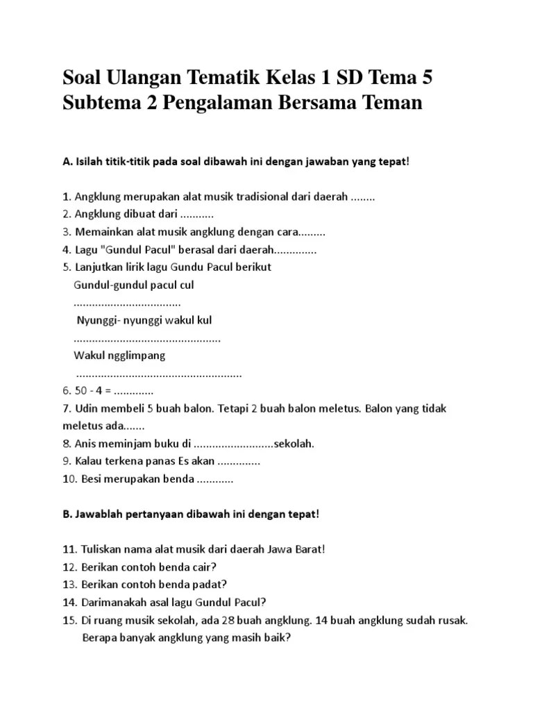 Wajib Tahu 7 Contoh Soal Tema 5 Subtema 2 Kelas 1 SD yang Sering Muncul di Ujian Beserta Kunci Jawabannya