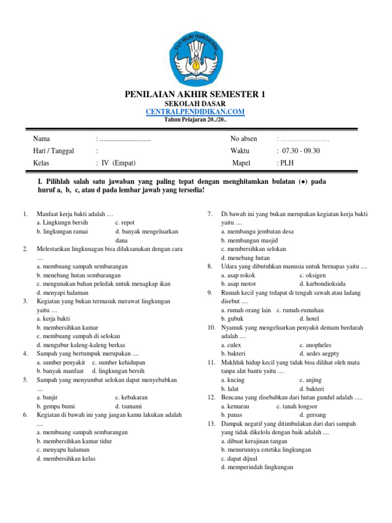 Wajib Tahu! Kumpulan Soal PLH Kelas 4 SD Semester 1 dan Kunci Jawaban Terbaru