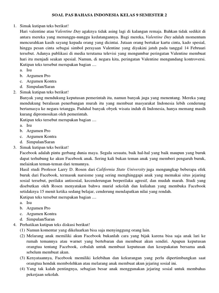 bank soal bahasa indonesia smp kelas 9 semester 1