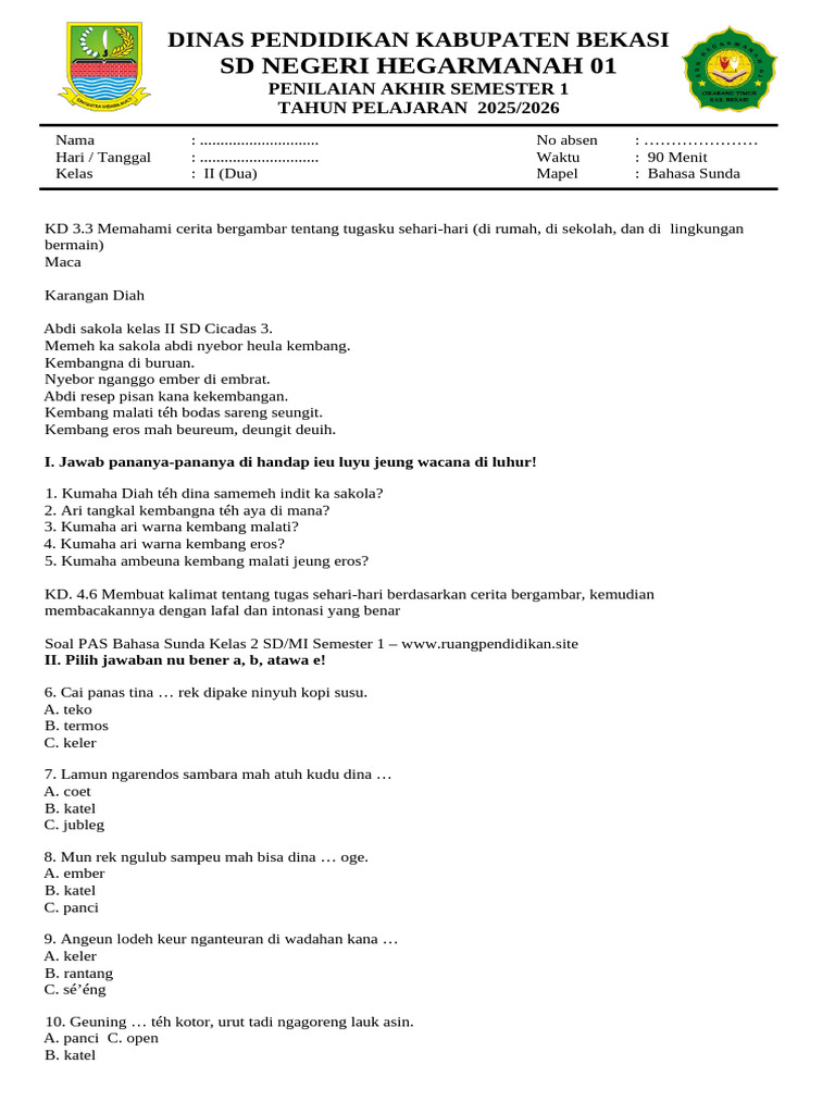 contoh soal b.sunda sd kelas 2 tema 5