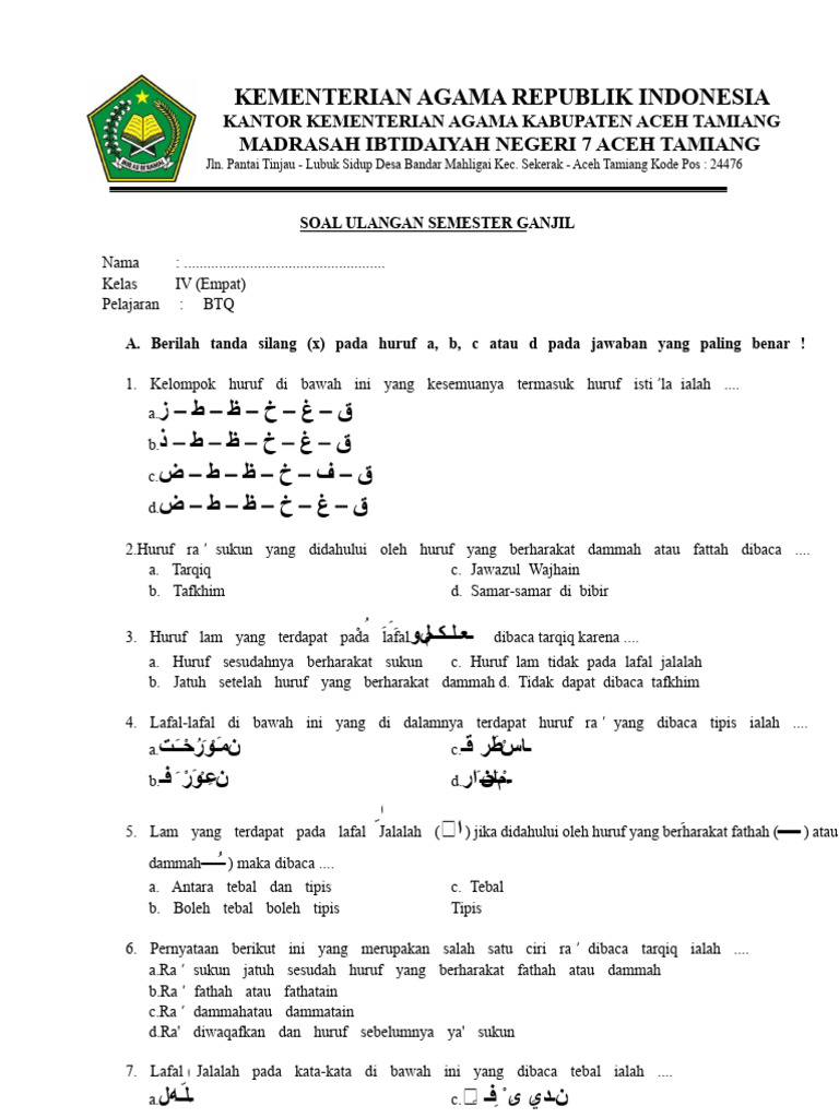SOAL UJIAN BTQ KELAS 4 MIN 7 ATAM - GANJIL Novi PDF