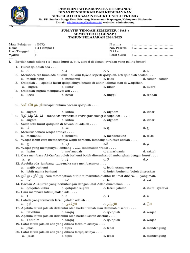 soal btq kelas 4 semester 1 dan kunci jawaban
