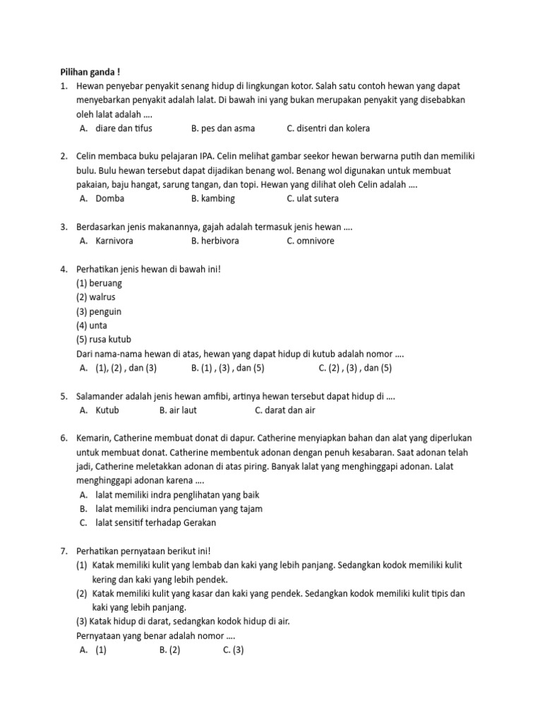 soal sains kelas 2 sd semester 1